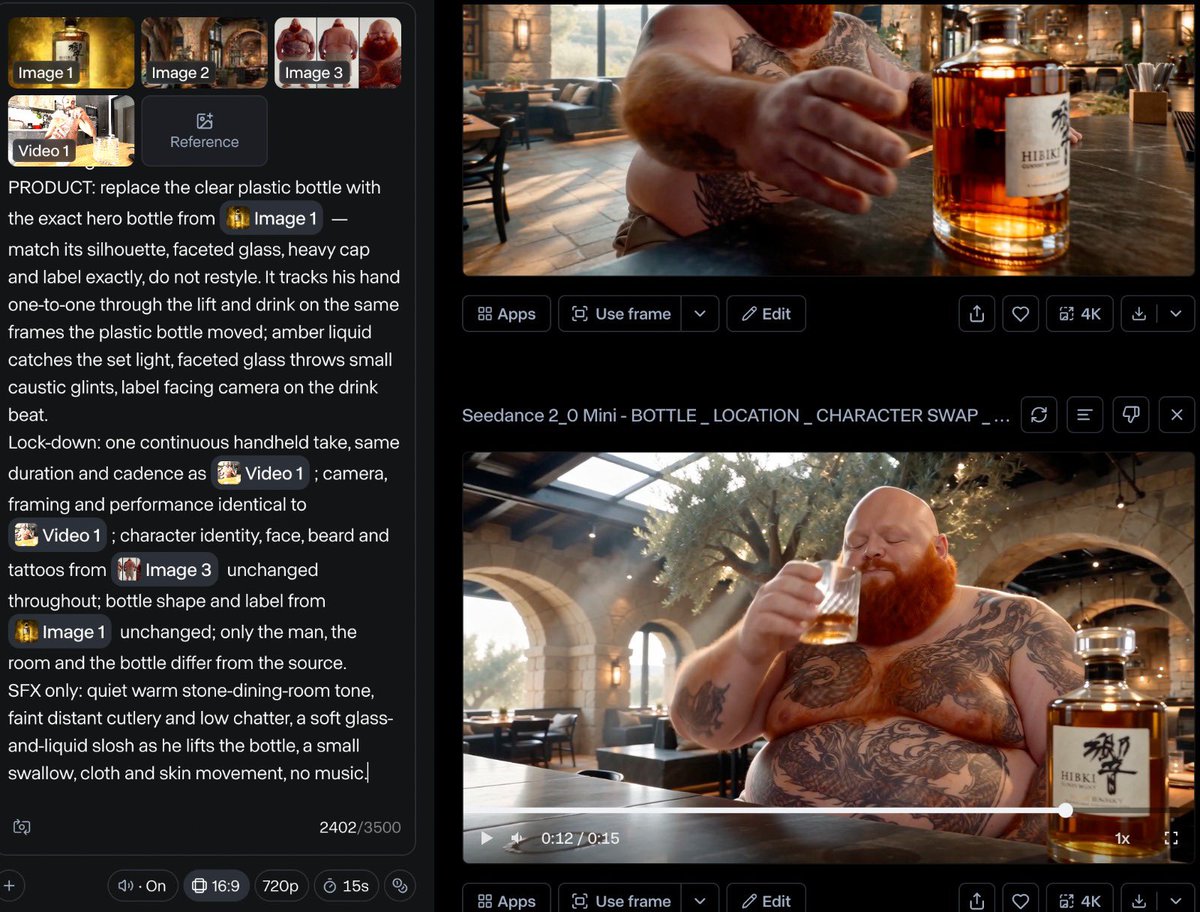 marcoarmienti's tweet photo. Today I wanted to run a test: I shot the scene on my iPhone — me drinking a glass of water — then asked Seedance to change everything. New character, new location, new product, all driven by image references.
The only thing I kept is the ring move around the subject. https://t.co/UNsdluGvXd