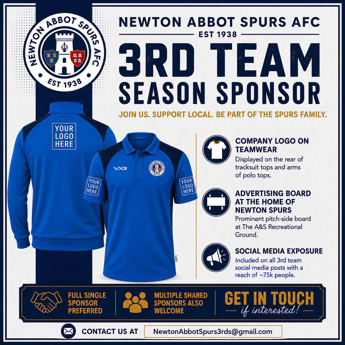 NewtonSpurs's tweet photo. 🔵⚪️SPONSORSHIP OPPORTUNITY⚪️🔵

Our 3rd team are on the hunt for a new tracksuit sponsor for the next few seasons. 
The team is now under new management and has had an influx of new players so getting sponsorship is a priority.

Details are on the image below. ⬇️ https://t.co/SBmrI16781