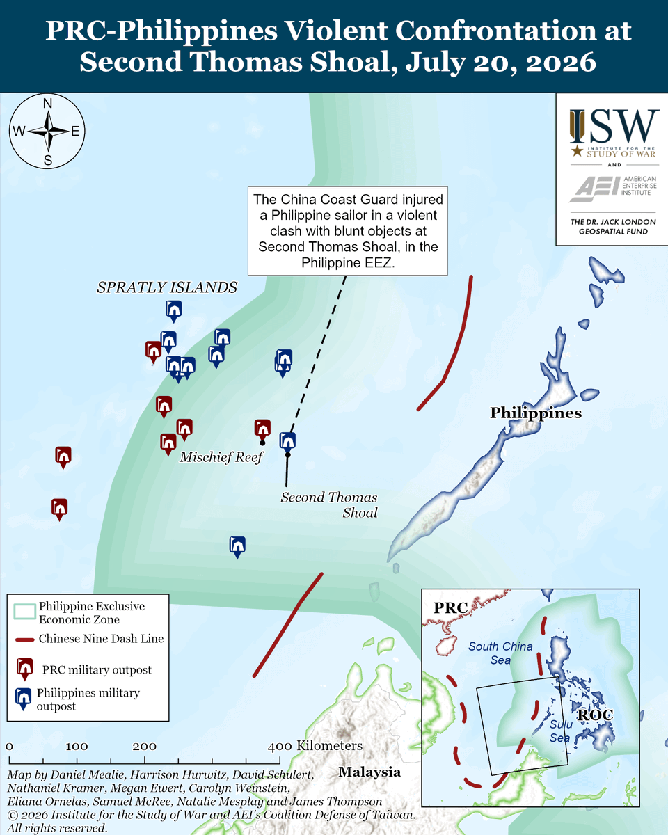 TheStudyofWar's tweet photo. NEW: The China Coast Guard injured a Philippine navy service member during a small boat confrontation near the Philippine outpost at Second Thomas Shoal. The violent incident is part of a trend of elevated hostilities around the tenth anniversary of the 2016 arbitration ruling that found PRC territorial claims in the South China Sea to be invalid. (1/2)

Other Key Takeaway:

Taiwan’s opposition parties proposed drone procurement plans that offer less stable funding than the government drone funding plan. The PRC has tried to undermine Taiwanese efforts to acquire unmanned systems necessary for modern warfare. Taiwan’s coast guard is separately planning to acquire maritime drones to counter PRC coercion while reducing strain on personnel.