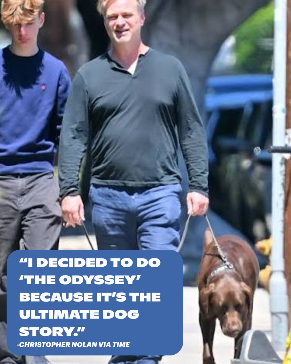 dogtv's tweet photo. Christopher Nolan didn't grow up with dogs. Then he finally got one — and it changed his life. 🧡 

When he reached the story of Argos, the loyal dog who waited years for Odysseus to return, it stopped him in his tracks. That moment became a major reason he knew he had to make The Odyssey. A dog inspired one of the most celebrated filmmakers of our generation to take on one of the greatest stories ever told. 🐾 

We've always known dogs make everything better. Now we have proof. 🐶 

#TheOdyssey #ChristopherNolan #DogPeople #DogDad #FamousDogs #DOGTV