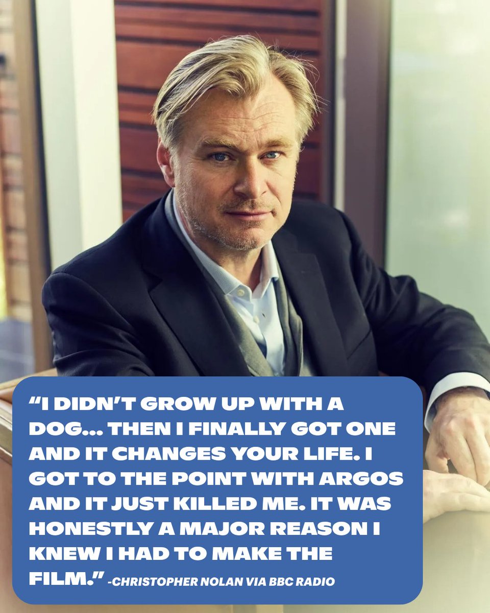 dogtv's tweet photo. Christopher Nolan didn't grow up with dogs. Then he finally got one — and it changed his life. 🧡 

When he reached the story of Argos, the loyal dog who waited years for Odysseus to return, it stopped him in his tracks. That moment became a major reason he knew he had to make The Odyssey. A dog inspired one of the most celebrated filmmakers of our generation to take on one of the greatest stories ever told. 🐾 

We've always known dogs make everything better. Now we have proof. 🐶 

#TheOdyssey #ChristopherNolan #DogPeople #DogDad #FamousDogs #DOGTV