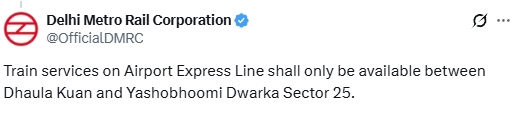 univartaindia1's tweet photo. 🚨 #NewsAlert | डीएमआरसी के अनुसार, एयरपोर्ट एक्सप्रेस लाइन पर ट्रेन सेवाएं केवल धौला कुआं से यशोभूमि द्वारका सेक्टर-25 के बीच ही उपलब्ध रहेंगी।

@OfficialDMRC |  #DelhiMetro | #AirportExpressLine | #DMRC | #MetroUpdate | #DelhiTransport | #TravelAdvisory | #Commuters | #PublicTransport | #MetroServices | #DelhiNews | #UNI | #UNIVarta