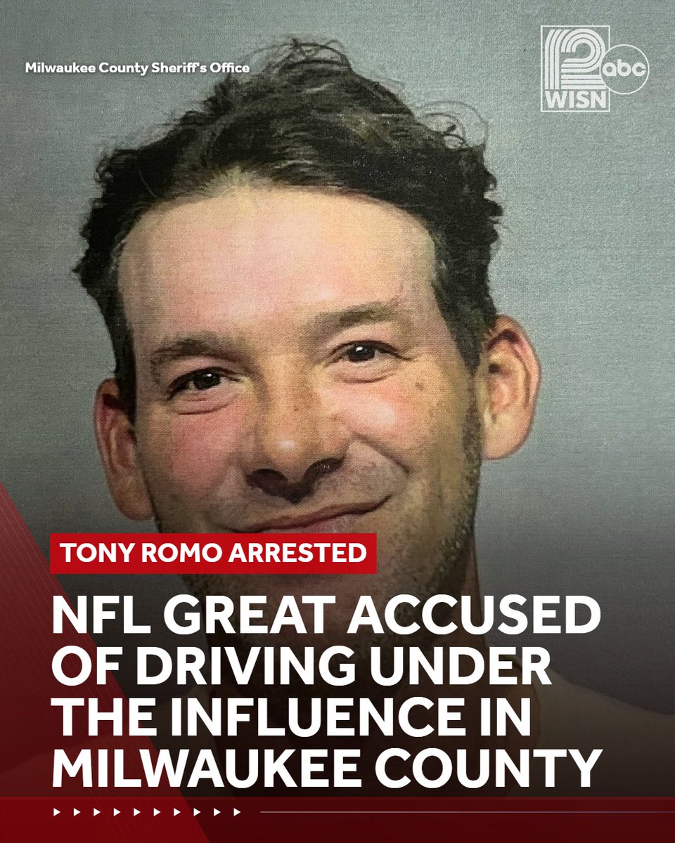 WISN12News's tweet photo. Burlington native and former NFL star Tony Romo was arrested last night in Milwaukee County, accused of driving under the influence.https://t.co/rsqnTSjHvg https://t.co/GPEuhrSPzp