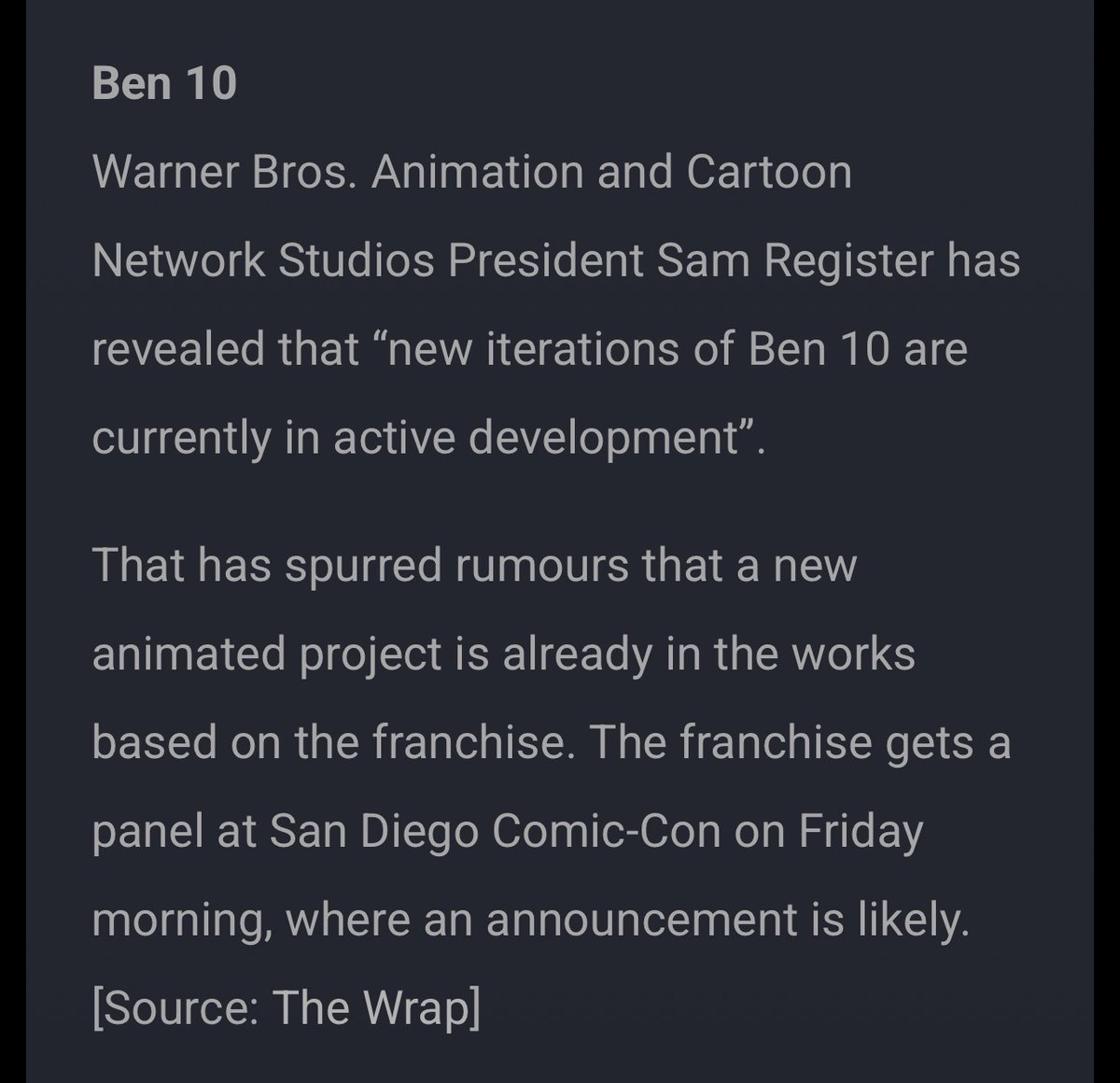 Ironsquish5's tweet photo. Hey hey heeeey guys all of you Ben 10 fans I have some quick news 📰 from website and it said they’re making a Ben 10 movie or series franchise on San Diego comic con I’m so excited to hear it are you #ben10 #warnerbros #cartoonnetworks https://t.co/VBdYNCmxJh