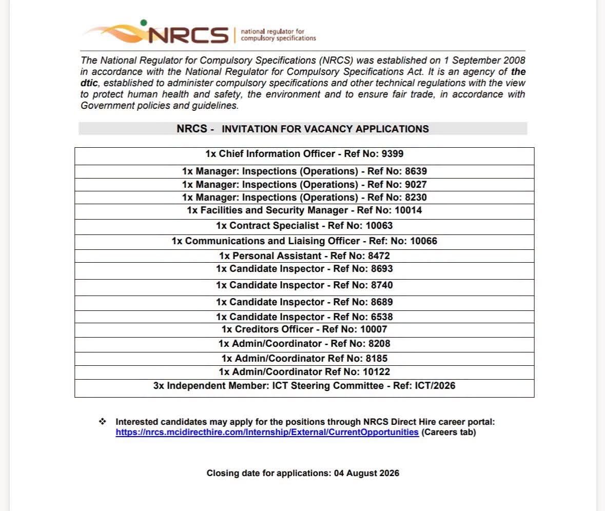 CarolBoitumelo1's tweet photo. National Regulator for Compulsory Specifications is hiring!

1. Candidate Inspector x4 posts 
2. Creditors Officer
3. Administration Officer / Coordinator
Chief Information Officer
4. Contract Specialist
5. Facilities and Security Manager
6. Communications and Liaising Officer
Personal Assistant
7. Admin / Coordinator x3 posts 
8. Manager: Inspections (Operations) x3 posts 

Closing date: 04 August 2026
To apply click on the link below 
https://t.co/FOXXkdqrMB?