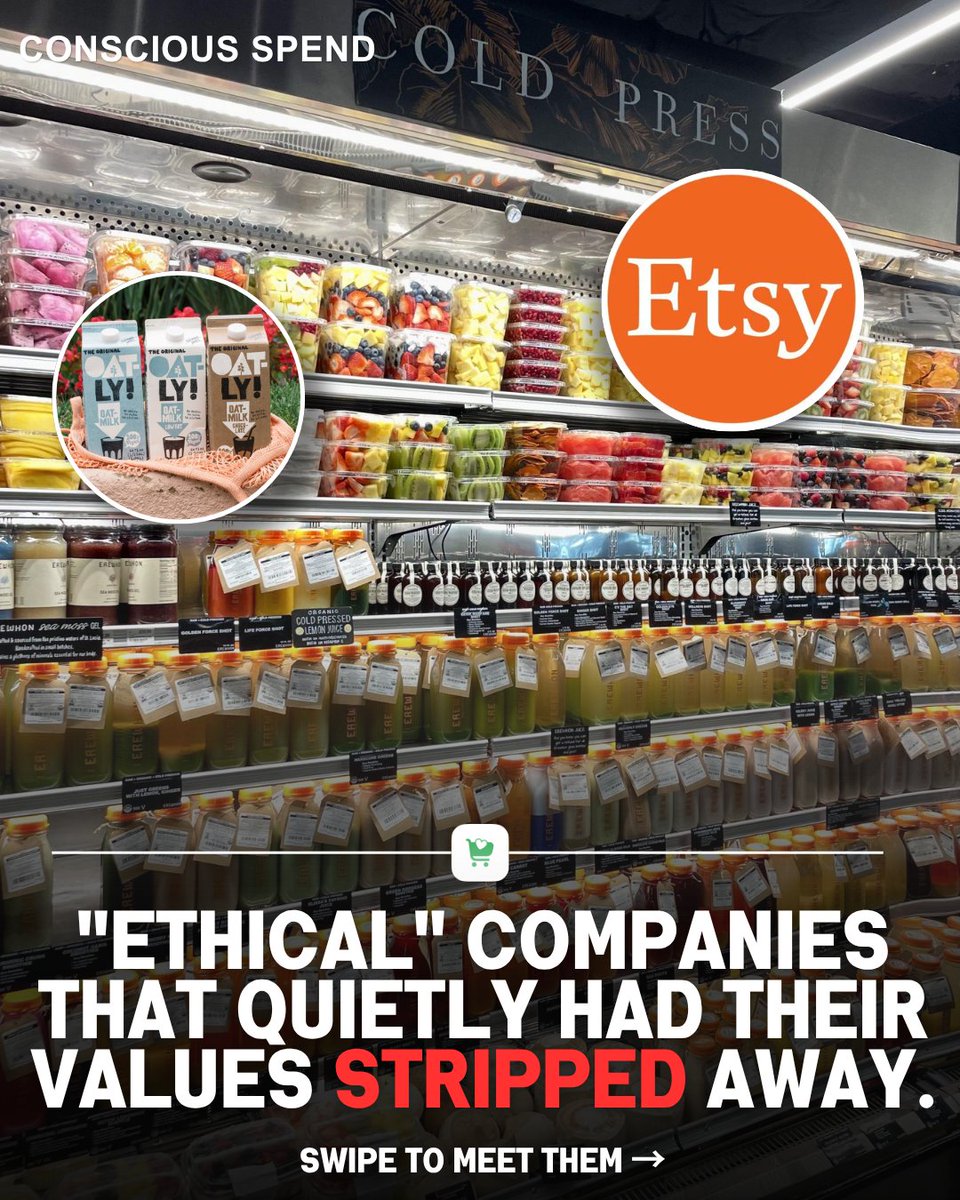 conscious_spend's tweet photo. “Ethical” companies that quietly had their values stripped away:

1.Pukka — organic B Corp, lost its B Corp status under private equity

2.Etsy — early B Corp, dropped it and let in mass resellers

3.Oatly — took Blackstone money

4.Tom’s — “natural,” but Colgate owns it

5.Clif Bar — held out for decades, then sold to Oreo’s owner

Same story on repeat: bought, stripped, folded into a giant.

Use the Conscious app to see who really owns what’s in your cart. 🔗 in bio