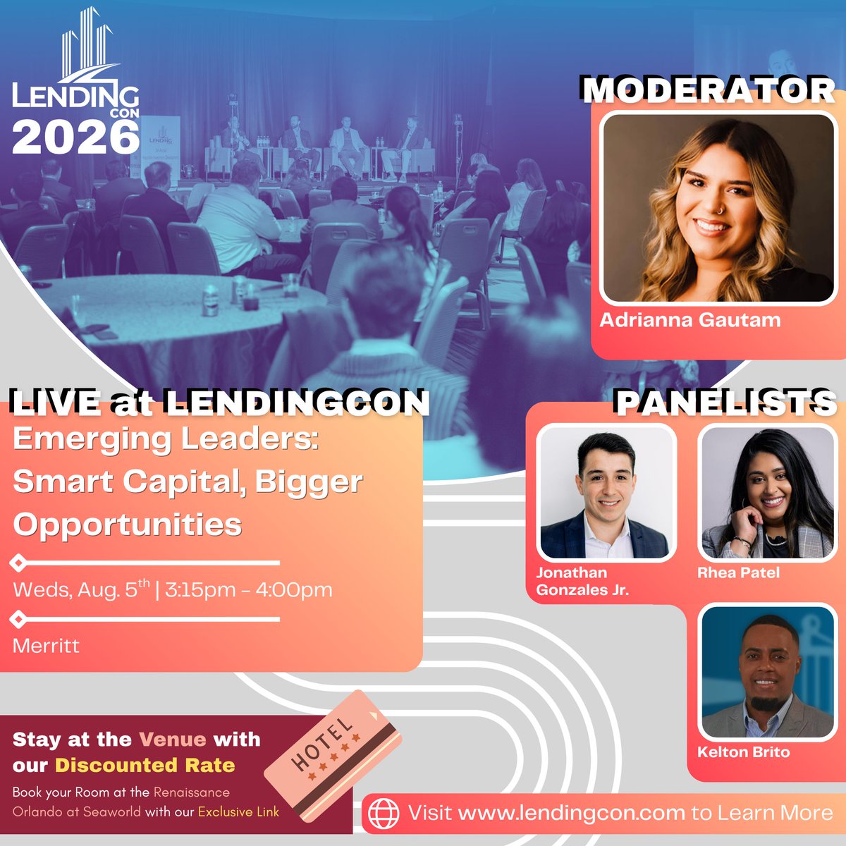 LendingCon_'s tweet photo. 🤝 Get inspired by the next generation of industry professionals in the "Emerging Leaders: Smart Capital, Bigger Opportunities" panel at #LendingCon2026!

🔗 Register today at: https://t.co/6vx2NolnUk

#HospitalityConference #HospitalityIndustry #InvestmentOpportunities https://t.co/Crz3cqLzx3