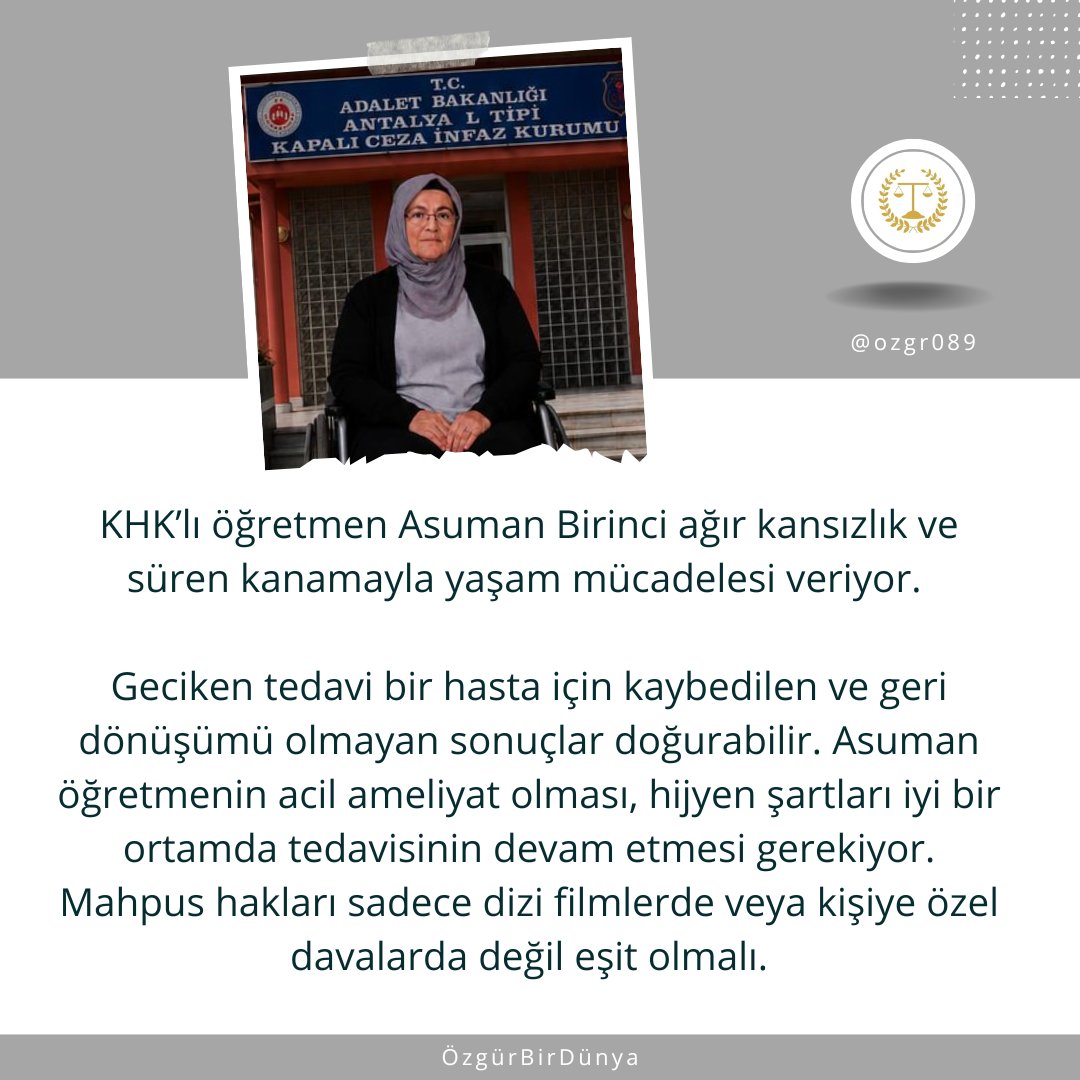 ozgr089's tweet photo. Üç çocuk annesi fizik öğretmeni Asuman Birinci, KHK ile kapatılan kurumda çalıştığı, Bank Asya’ya para yatırdığı ve çocuklarını kapatılan bir kolejde okuttuğu gerekçesiyle 6 yıl 3 ay hapis cezasına çarptırıldı. @avidrissahin 

AsumanBirinci AcilTedavi https://t.co/s6ta6ZZUGp
