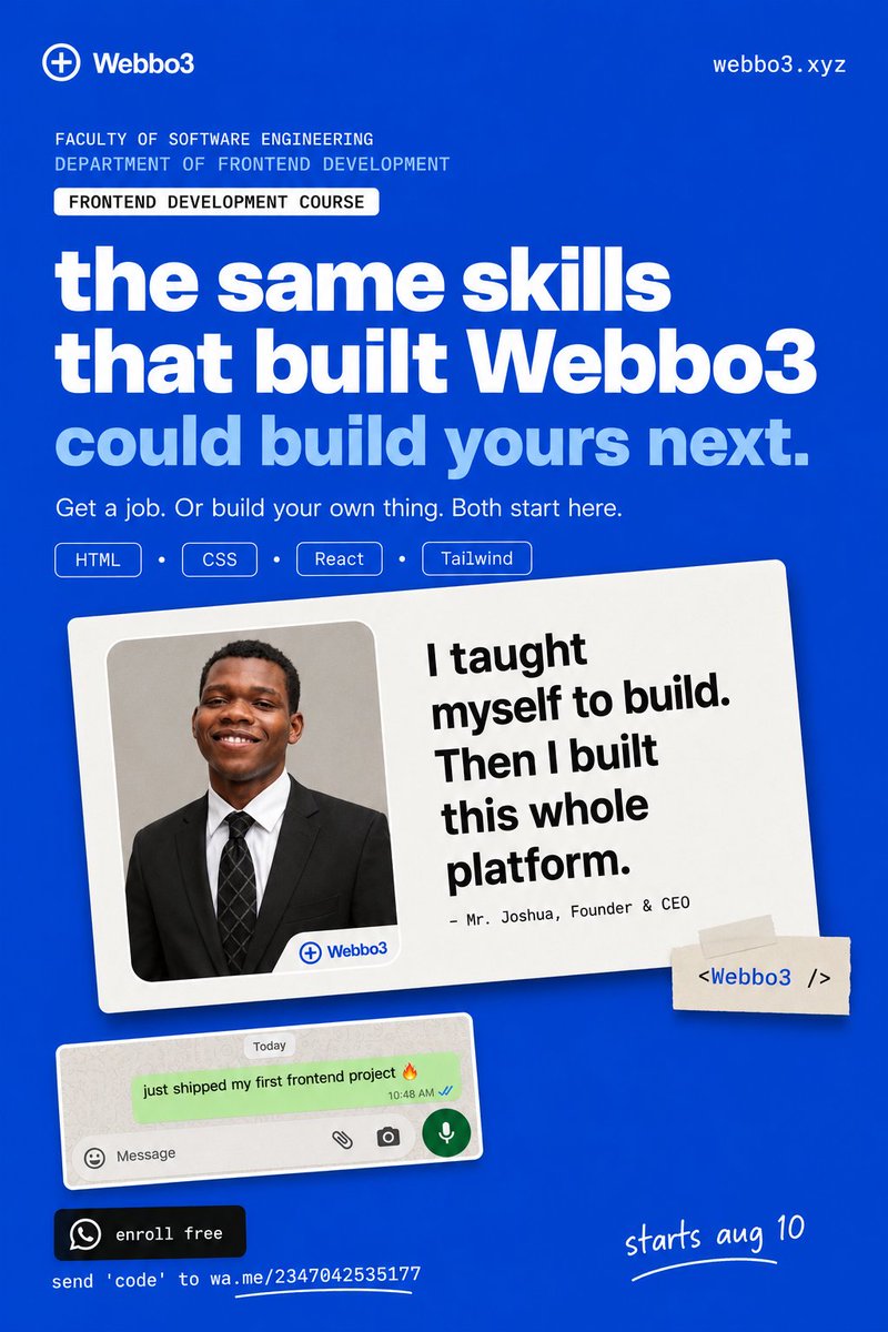 webbo3's tweet photo. He taught himself to code. Then built a whole university with it. 🇳🇬

Now it's your turn — job, business, product, whatever you build next starts here.

No fees to start. No excuses left.

👇 Message Kemi, say "JOIN"
https://t.co/6C1XjRYpvz

Starts Aug 10. Seats filling fast. https://t.co/AymkWQykV9