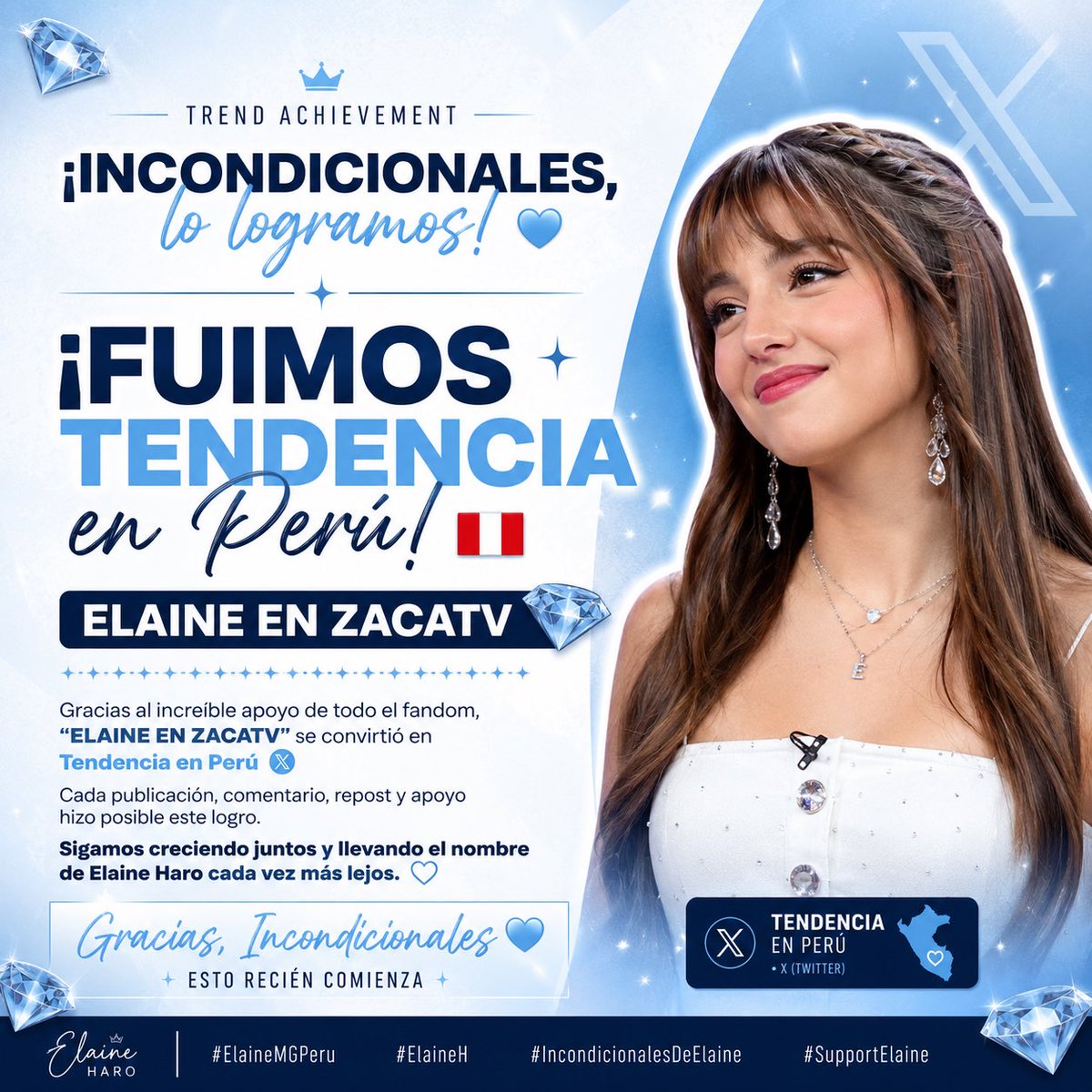 supportelaineh's tweet photo. ¡INCONDICIONALES SIEMPRE!
🩵Fuimos tendencia también en Perú 🩵 
💎💎ELAINE EN ZACATV 💎💎 
#ElaineMGPeru https://t.co/c1PF2CSieP