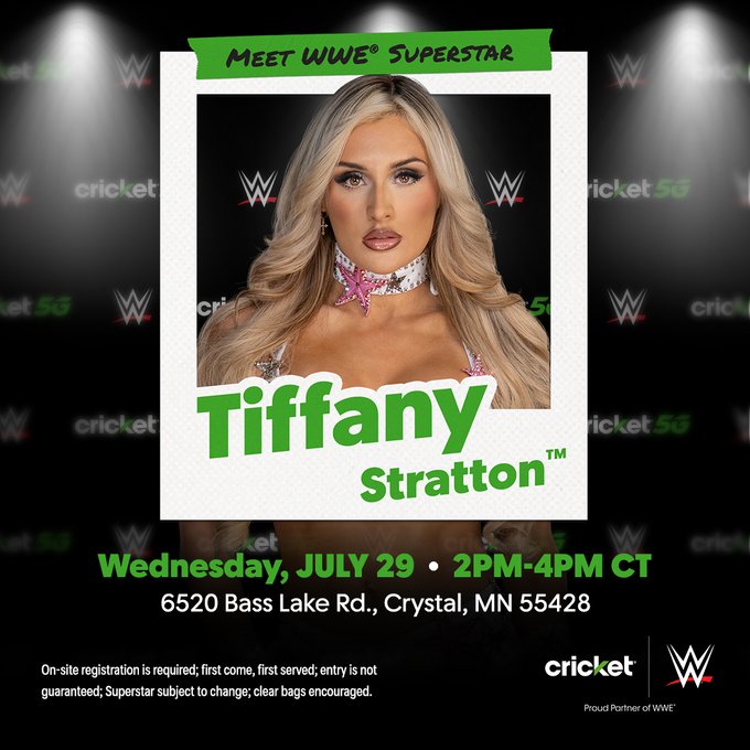 KQRadio's tweet photo. 🔥 Meet @WWE Superstar and Minnesota's own, @tiffstrattonwwe! 🔥

Join KQ's @lisamillerrocks at @Cricketnation in Crystal on July 29 from 2-4PM for a special meet &amp; greet. First come, first served, so get there early!

🎟 Plus, you could win WWE #SummerSlam tickets! https://t.co/CL0ltxak9N