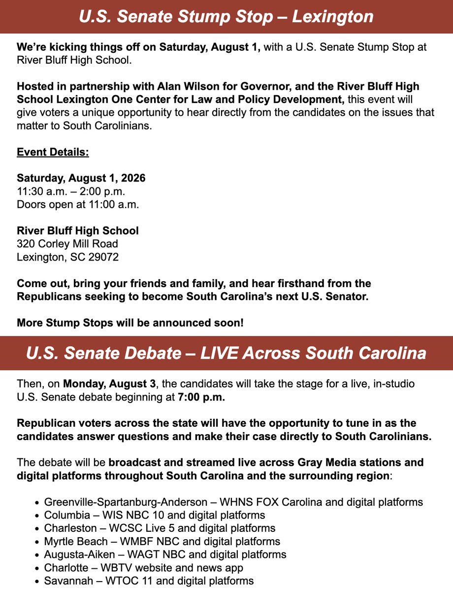 fitsnews's tweet photo. 🔴#SCSuccession

South Carolina's Republican Party (@SCGOP) has announced dates for a public forum (hosted by @AGAlanWilson) and a debate in the increasingly crowded race to fill the seat vacated by the late @LindseyGrahamSC.

The forum will be held next Saturday (August 1, 2026) while the debate will be held the following Monday (August 3, 2026).

Details below...