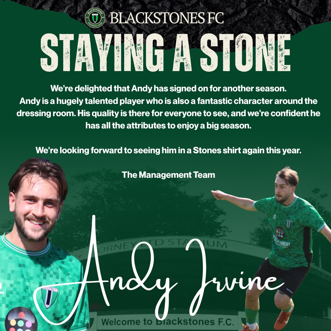 BlackstonesFC's tweet photo. Next up, we are delighted that @AndyIrvine_ will be staying at the Stones this season. Andy always brings an energy to the pitch that we are looking forward to seeing again.

To sponsor Andy visit
https://t.co/KAt5np5HS0 https://t.co/I7yJarfCmv