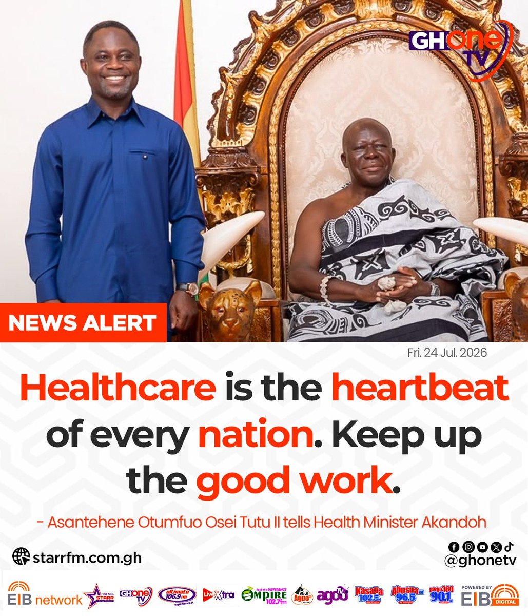 Kasapafm1025's tweet photo. Healthcare is the heartbeat of every nation. Keep up the good work... - Asantehene Otumfuo Osei Tutu II tells Health Minister Akandoh

#GHOneTV
#KasapaFM #EIBNetwork
#AgooTV #NewsAlert https://t.co/f2qdUEJyiN