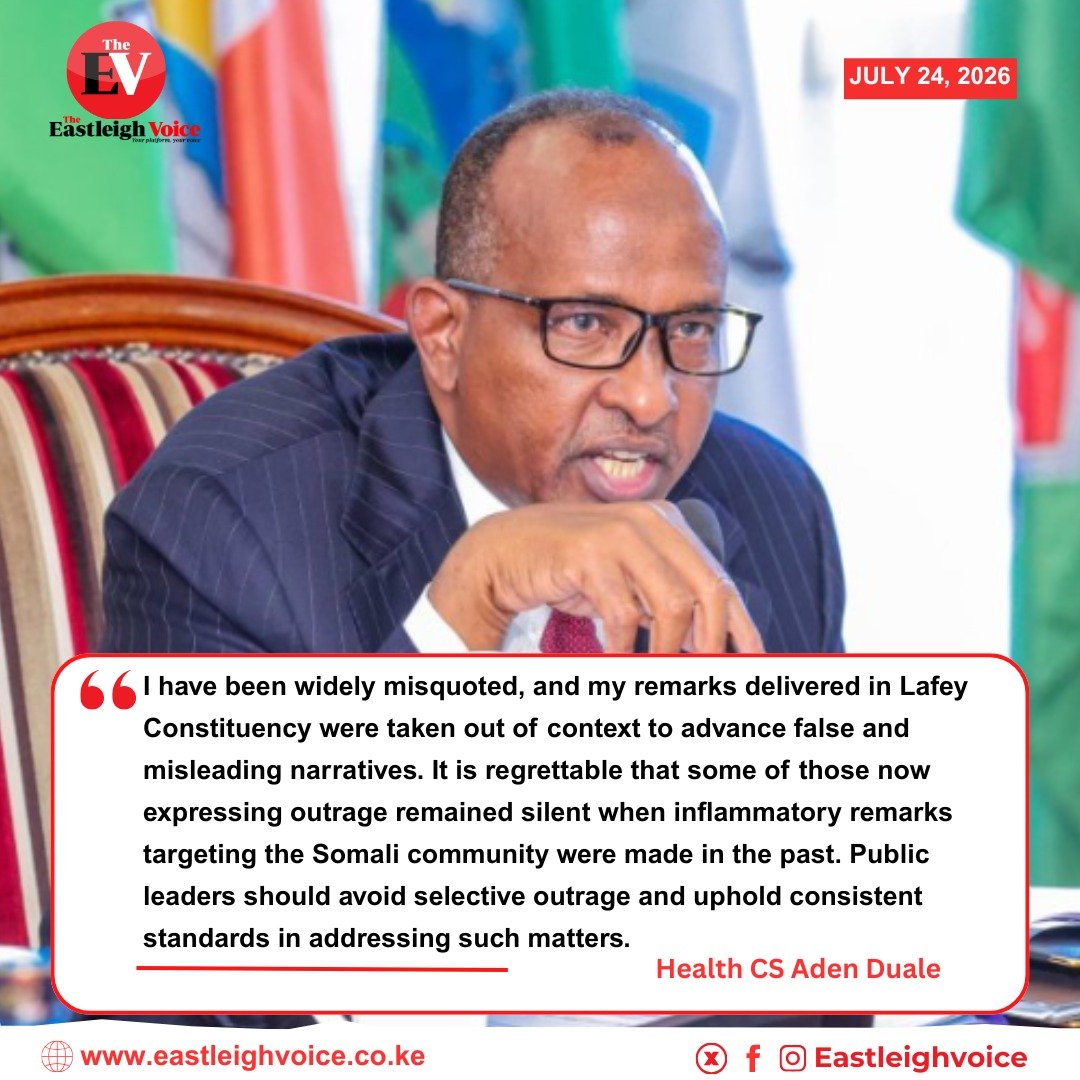 Eastleighvoice's tweet photo. Health CS Duale denies allegations of divisive ethnic remarks, saying his comments were misquoted and taken out of context to push false narratives. 

NCIC is investigating a complaint over the alleged remarks, warning leaders against rhetoric that could fuel ethnic division. https://t.co/s2E67VpizT