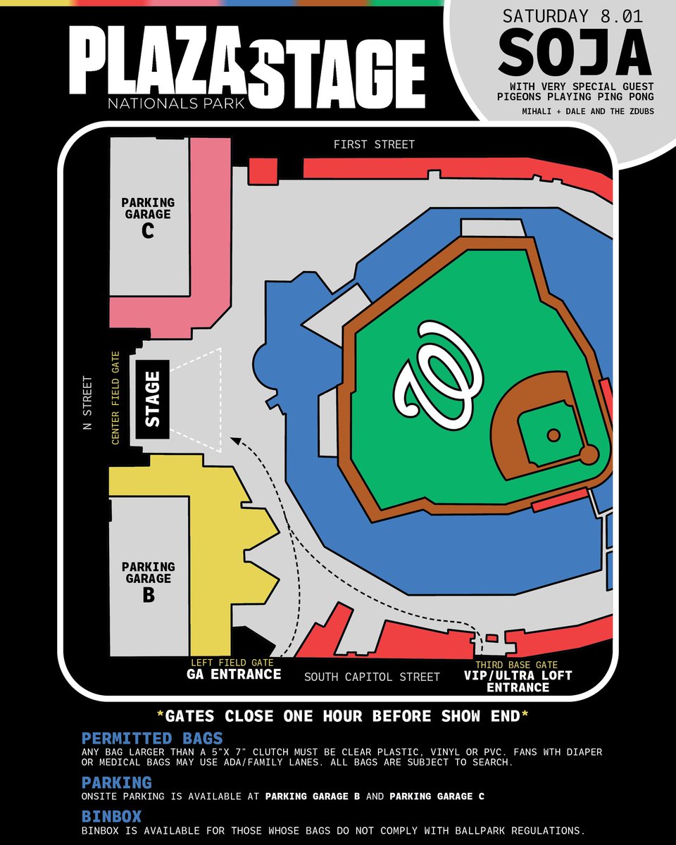 SOJALive's tweet photo. For everyone joining us at Plaza Stage at Nationals Park, here's your guide for getting in. Plaza Stage is a brand new venue, so we wanted to share everything you'll need before you head out - parking, entrances, and where to find the stage.

Get your tickets while you can! https://t.co/AL2Z4yDuaI