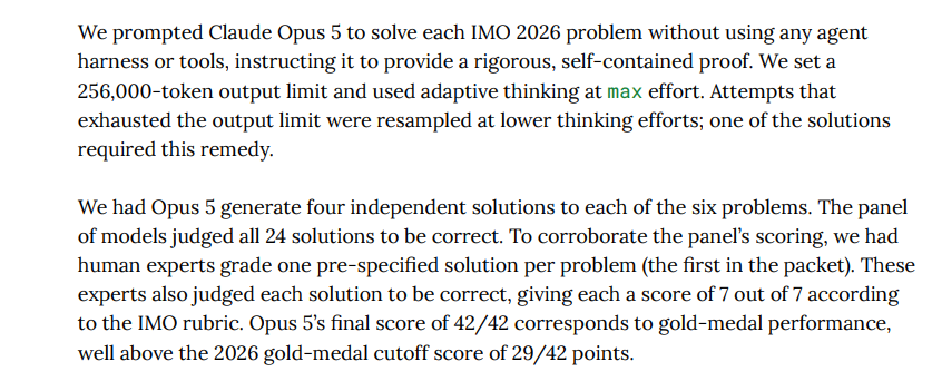 AiBattle_'s tweet photo. Claude Opus 5 achieved a perfect 42/42, a gold medal level performance, on the IMO 2026 problems without using an agent harness or tools. Incredible https://t.co/yEf0qUUnvQ