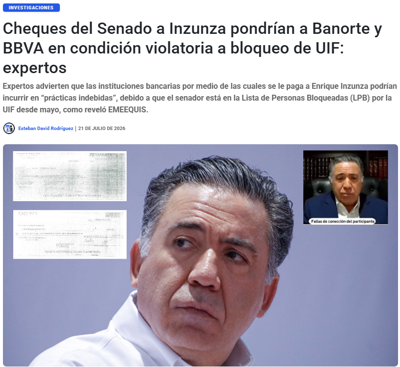 emeequis's tweet photo. 🔴 El Senado vulnerando la ley financiera con tal de garantizarle la dieta a un acusado de narcotráfico: pagan con cheques a Enrique Inzunza, en la lista negra de la UIF, exponiendo a Banorte y BBVA a multas de hasta el 100%. 🇲🇽💥⚖️

https://t.co/lUJtnSdAPP 
#EnriqueInzunza #SenadoDeLaRepública #UIF #Sinaloa #EscrutinioPúblico