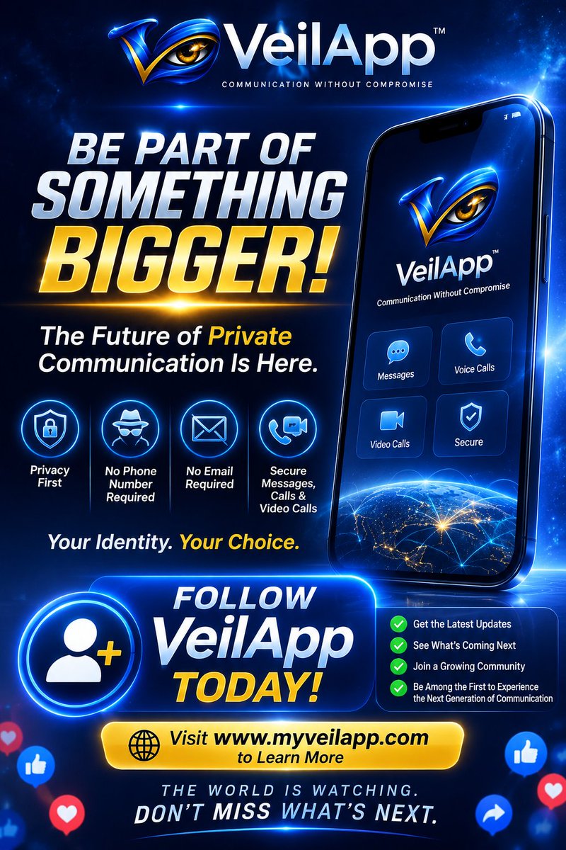 SirTMD's tweet photo. The next generation of communication is almost here.

Imagine a platform where you can:
✓ Send messages ✓ Make voice calls ✓ Make video calls

...without requiring a phone number or email address. 

That's the vision behind VeilApp™.

Join our growing community. https://t.co/cli3VKqjx5