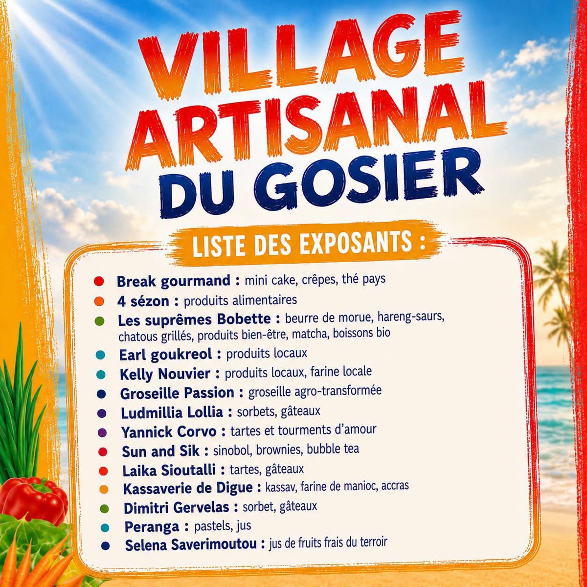 VilleduGosier's tweet photo. Découvrez ci-dessous la liste des exposants qui vous accueilleront tout au long de l'événement. Venez les rencontrer, échanger avec eux et soutenir l'artisanat local ! 💛

👇 Retrouvez tous les exposants ci-dessous. https://t.co/wHkQsoBgdx