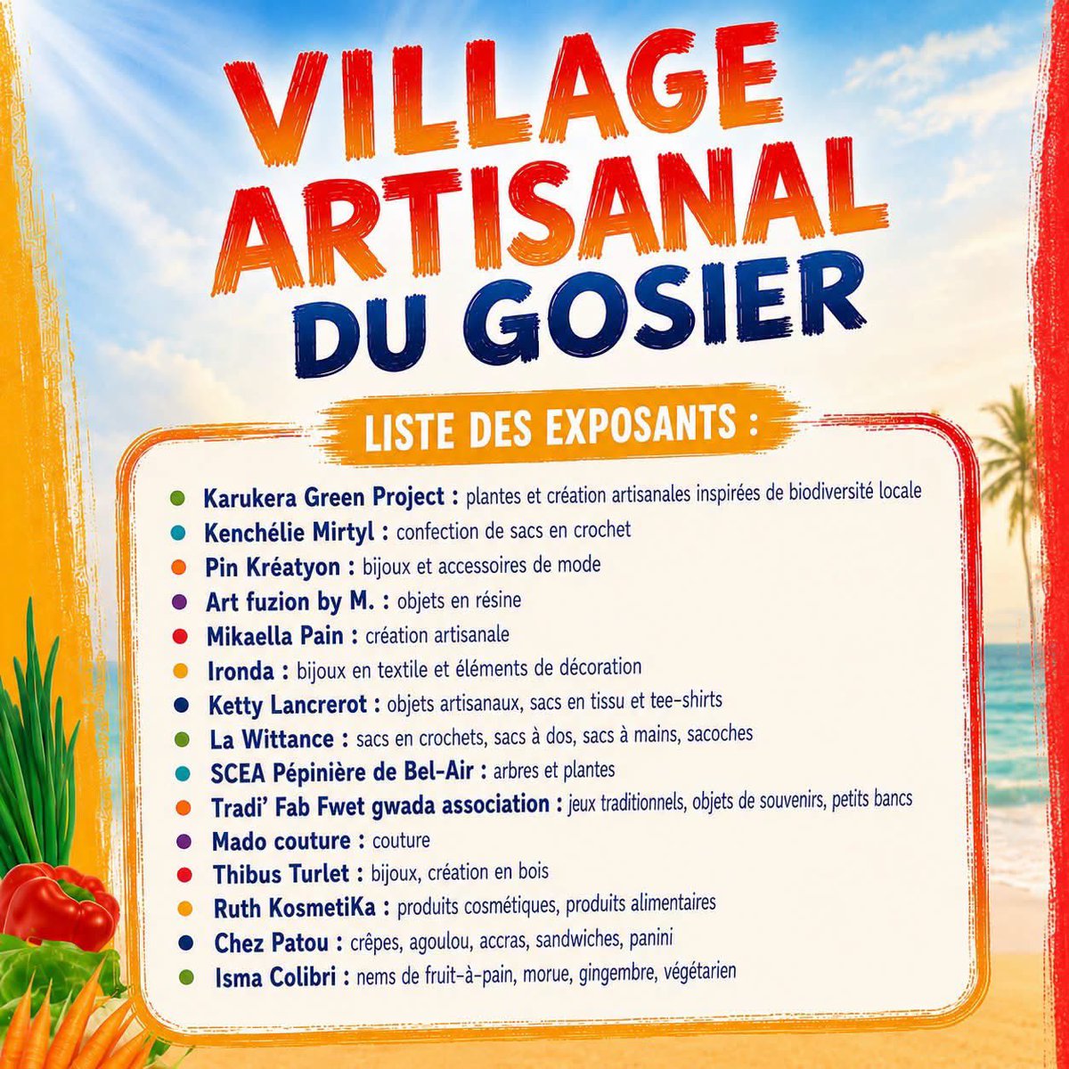 VilleduGosier's tweet photo. Découvrez ci-dessous la liste des exposants qui vous accueilleront tout au long de l'événement. Venez les rencontrer, échanger avec eux et soutenir l'artisanat local ! 💛

👇 Retrouvez tous les exposants ci-dessous. https://t.co/wHkQsoBgdx