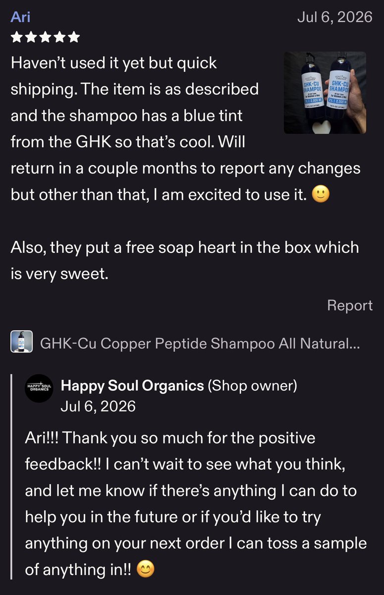 HappySoulStore's tweet photo. We always love getting our customers feedback! This one was about our copper peptide shampoo 🤗💙 #reviews #smallbusiness #shampoo #ghkcu #copperpeptides #haircare #etsyshop https://t.co/bcDjnZbc1A