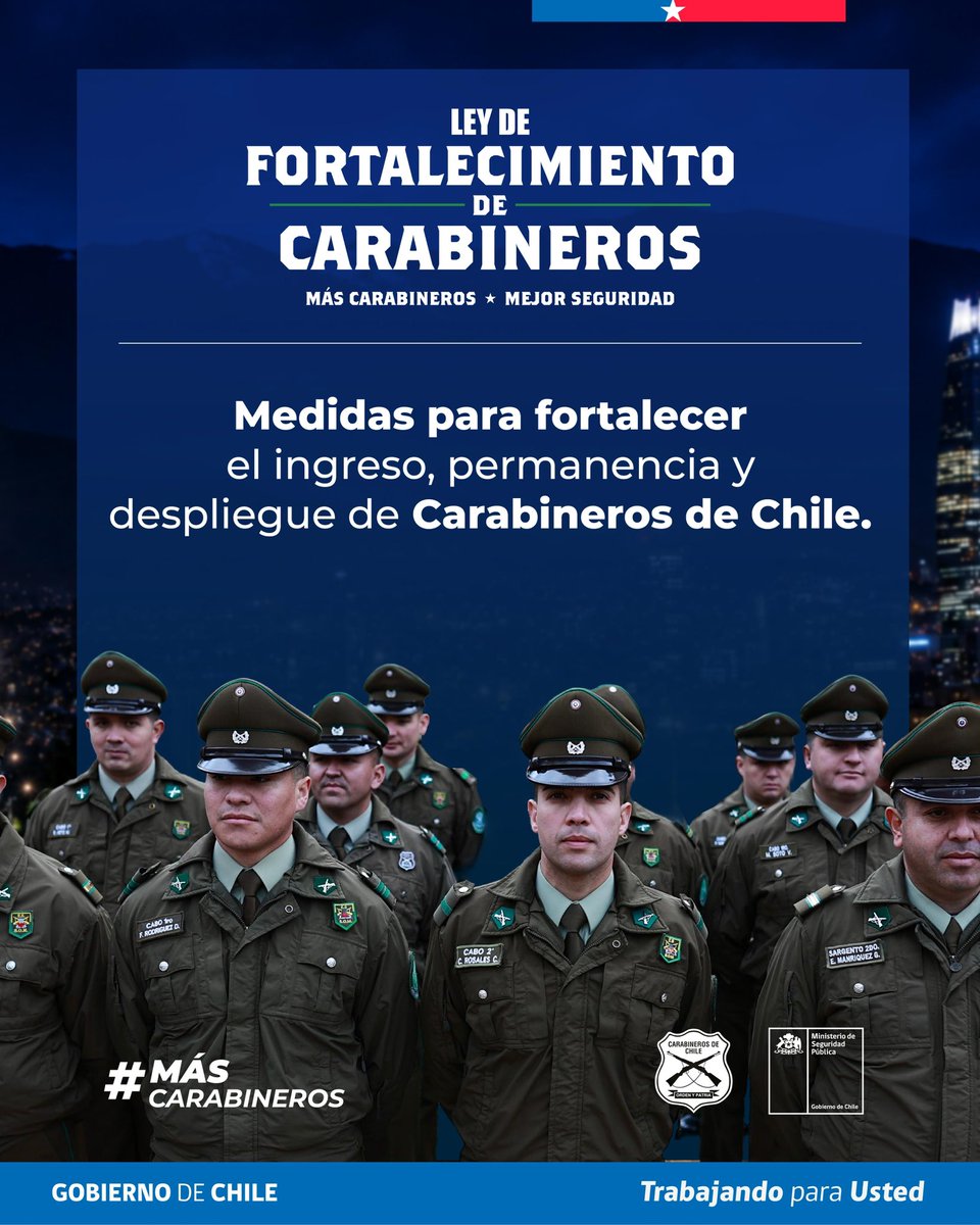 martinarrau's tweet photo. Presentamos indicaciones al proyecto de ley que fortalece las remuneraciones y la carrera de Carabineros de Chile, una reforma integral impulsada por el Gobierno del Presidente José Antonio Kast que busca mejorar las condiciones del personal desde su formación hasta el retiro.

La propuesta se estructura en torno a cinco ejes: fortalecer el ingreso y la permanencia en las escuelas de formación, reconocer económicamente a quienes sirven en los territorios de mayor riesgo, devolver funcionarios a labores operativas en la calle mediante apoyo administrativo civil, avanzar en equipamiento y tecnología para el despliegue en terreno, y mejorar el control y la gestión operativa.

Cómo Ministerio de Seguridad Pública, seguiremos trabajando para que quienes visten el uniforme cuenten con las condiciones, el respaldo y las herramientas que su labor exige, porque fortalecer a Carabineros es fortalecer la seguridad de todas las personas.

#MásCarabineros #ChileEnOrden