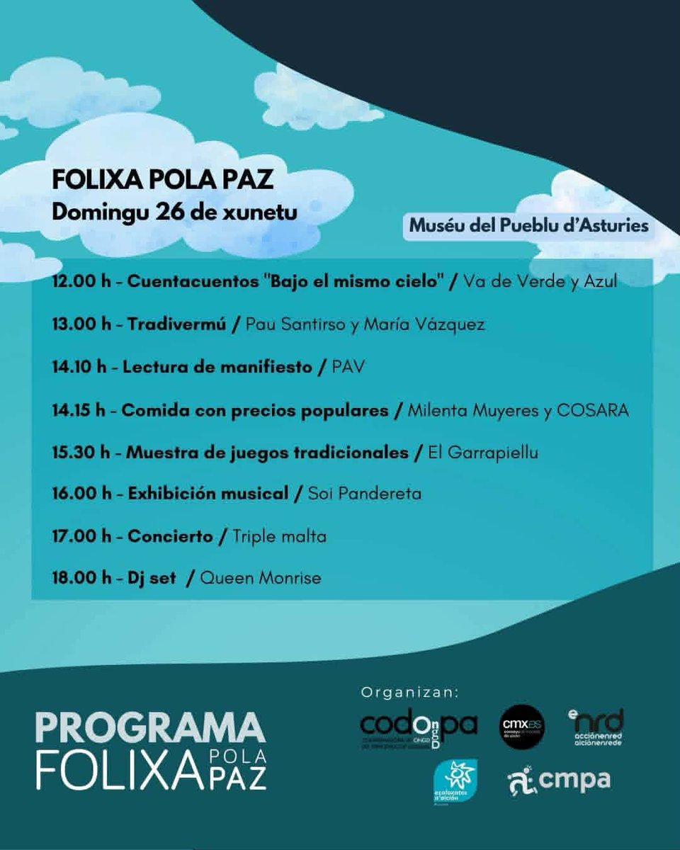 Asturies_insu's tweet photo. N’asturianu.

FOLIXA POLA PAZ: UNA ALTERNATIVA AL FESTIVAL AEREU

DOMINGU 26 DE XUNETU. DENDE LES 12:00 h. 

MUSÉU’L PUEBLU D’ASTURIES. XIXÓN. ASTURIES. https://t.co/32bI8FXron