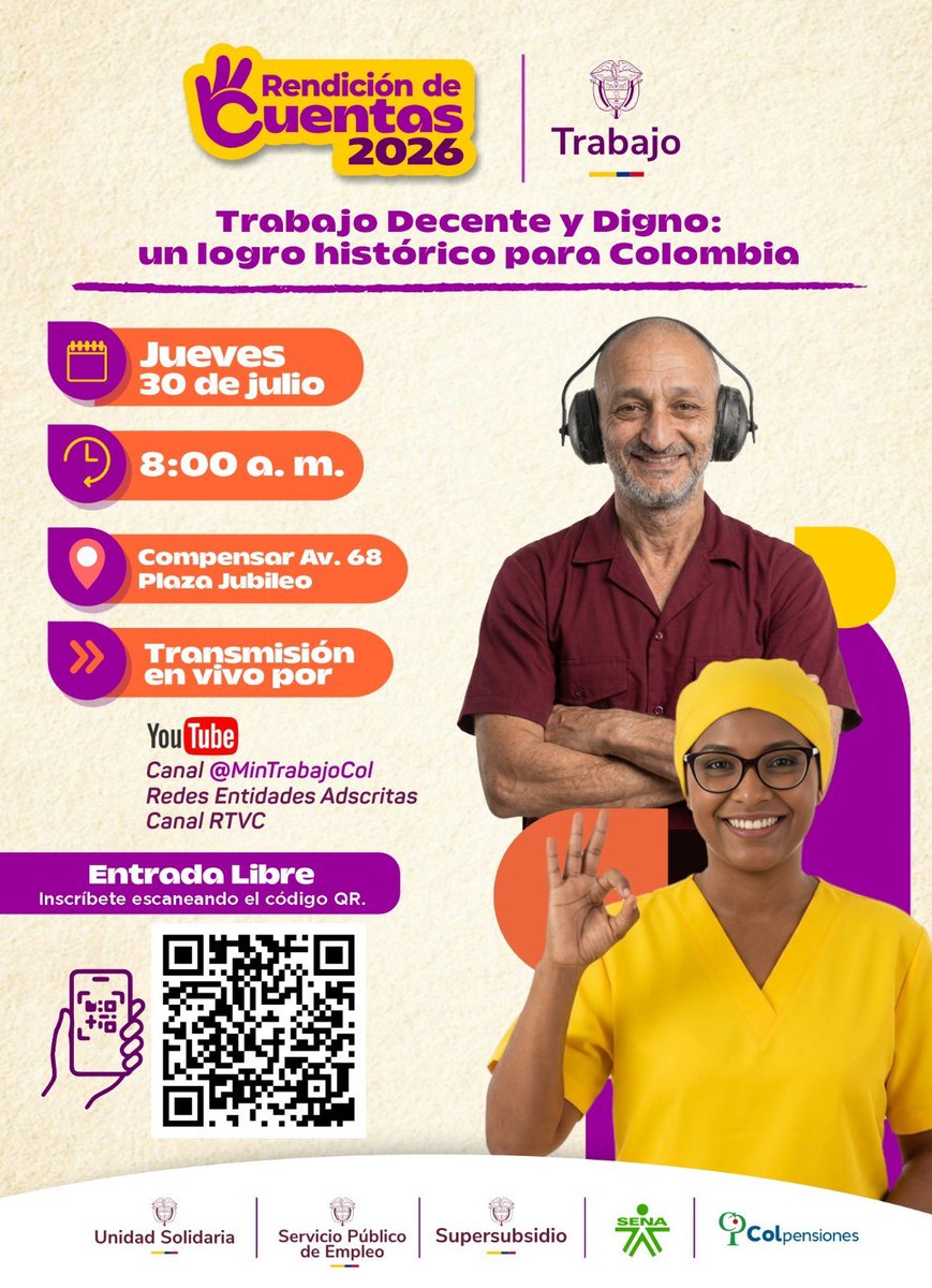 MintrabajoCol's tweet photo. Te invitamos a la Rendición de Cuentas 2026 del Ministerio del Trabajo, un espacio para conocer los avances que han fortalecido los derechos laborales, el empleo digno y la protección social en el país.

📅 Jueves 30 de julio
🕗 8:00 a. m.
📍 Compensar Av. 68 – Plaza Jubileo

🧵 https://t.co/xJD2lPSM2Y