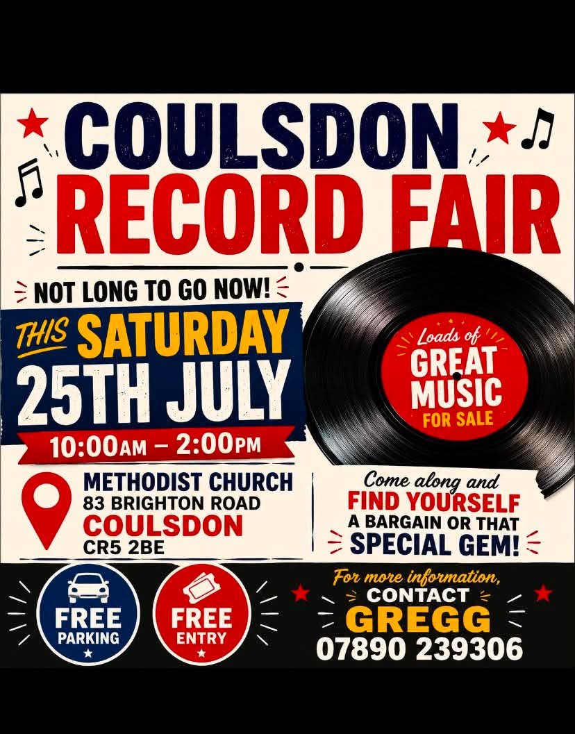 mattgarbie's tweet photo. Coulsdon record fair
Saturday 25th July.
10am-2pm. Free entry & parking.
Loads of records for sale from bargains to rarities.
#records #recordfair #vinyl #coulsdon #surrey #london #purley #croydon #redhill #caterham #wallington #banstead #kenley #carshalton #epsom #reigate https://t.co/K1XtYvLtHT
