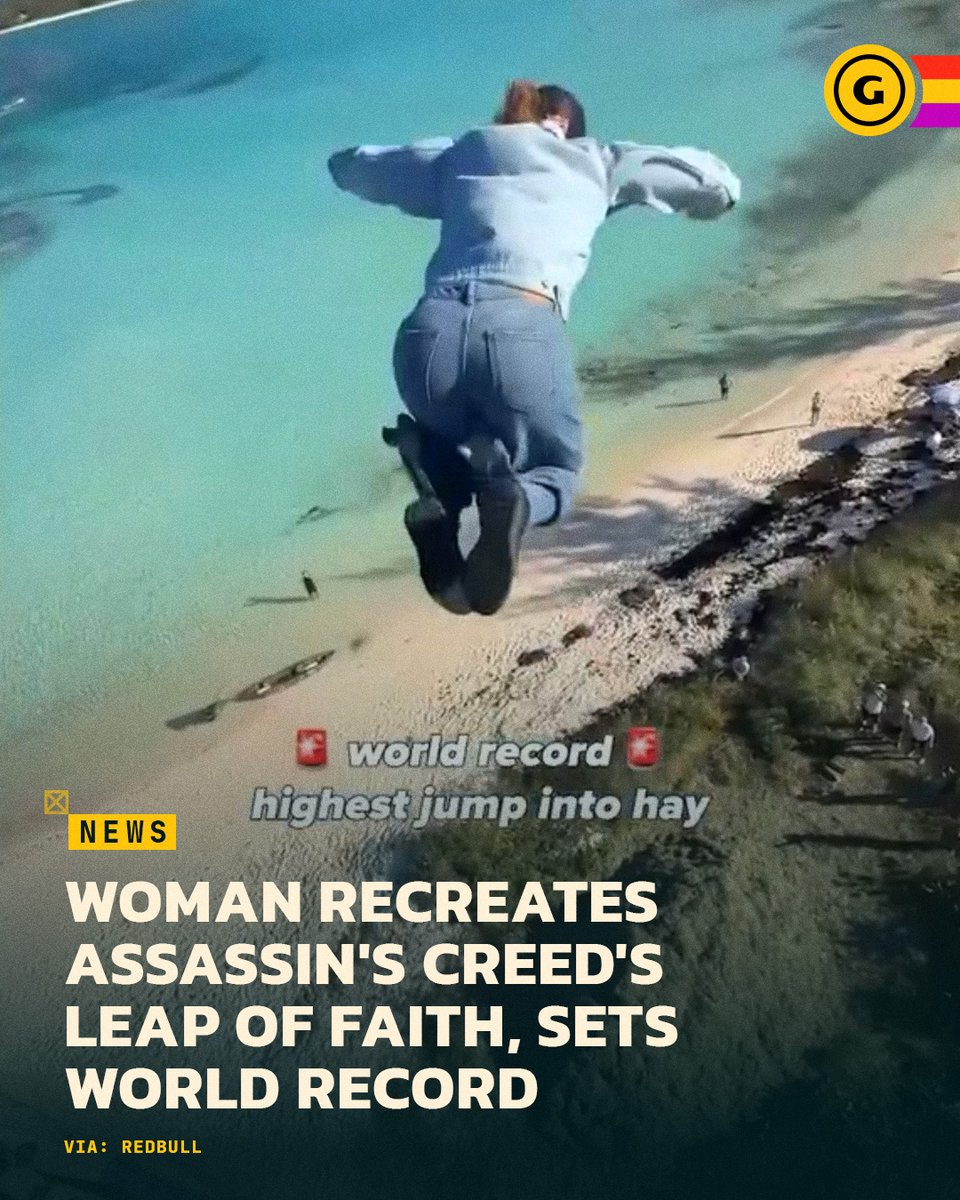 GameSpot's tweet photo. Stuntwoman Oleksiy Shulga set a world record by recreating the iconic Assassin's Creed Leap of Faith. She dove 25 meters, without wires or support, into a reinforced haystack in Rome for a Red Bull stunt showcase. https://t.co/3jeXYLDq99