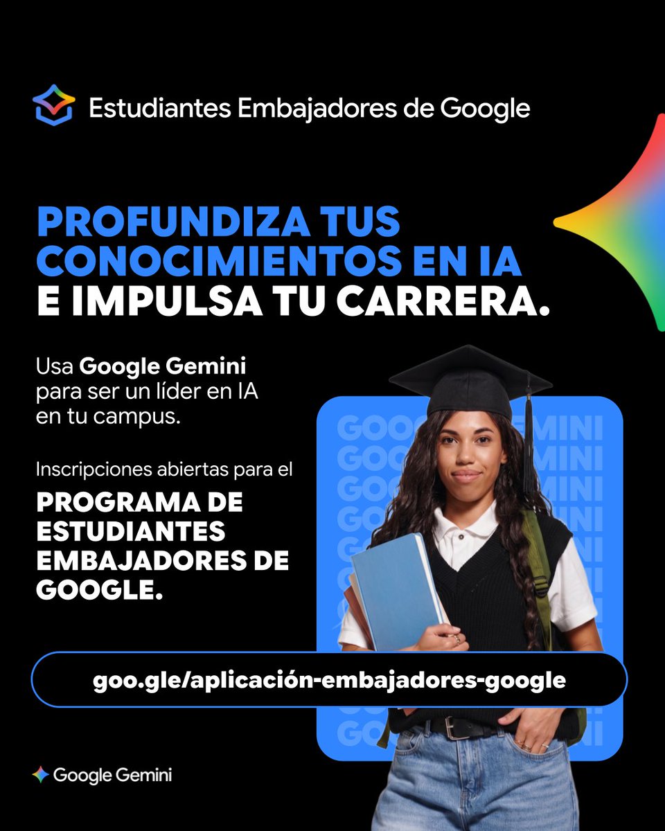 solsona's tweet photo. ¡Atención universitarios en México! 🇲🇽 Ya abrieron las inscripciones para el programa de Estudiantes Embajadores de Google 2026.

Si usas Inteligencia Artificial en tus proyectos o día a día, esta es tu oportunidad para conectar con la industria antes de graduarte. Tendrás masterclasses con Googlers, kit oficial y hasta la posibilidad de visitar las oficinas de Google en CDMX.

El proceso es gratuito y tienes hasta el 31 de julio para aplicar.

👉 Regístrate aquí: https://t.co/jZIEK84QXd

#EstudiantesEmbajadoresGoogle