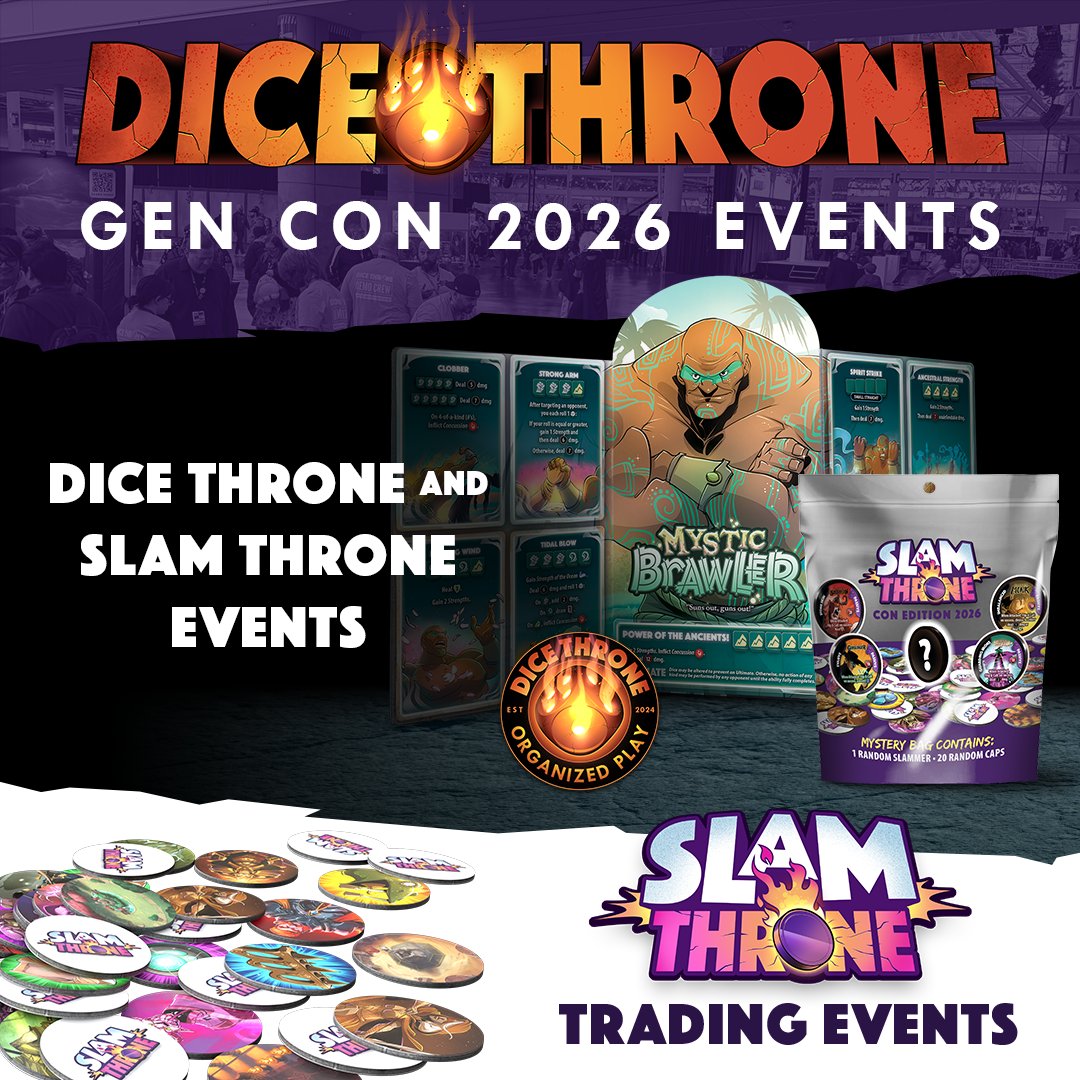 DiceThrone's tweet photo. Gen Con is almost here, and we still have plenty of events with open seats!
Whether you're looking to battle in a tournament, learn to play, or join a Slam Throne Trading Event to help collect them all - we've got you!
Register Here: https://t.co/Ti5dloLS3O https://t.co/JRoWshZm8a