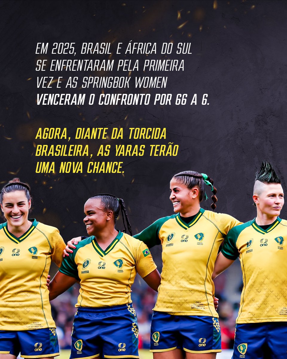 brasilrugby's tweet photo. Depois da vitória sul-africana no primeiro encontro entre as seleções, na Rugby World Cup de 2025, Brasil e África do Sul voltam a se enfrentar — e esse já é um ótimo motivo para você estar lá.

Acompanhe de perto esse embate e faça parte de um grande momento do rugby feminino! https://t.co/ctpl895GQV