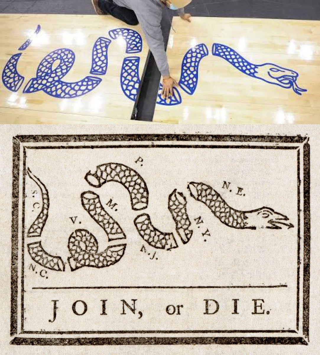 SwaeLea's tweet photo. 76ers famous for the “Snake”
Logo chopped into “8” pieces on the floor. 

“Join or die” 

Mamba out 🐍✌️ https://t.co/PMqEM7CvCg