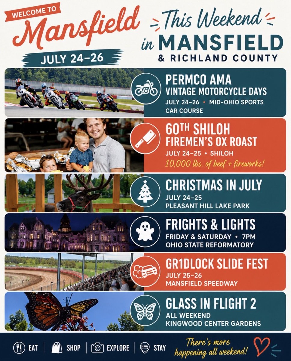 DestinationMans's tweet photo. Big weekend ahead in Mansfield - Richland County! 🙌

🏍️ Vintage Motorcycle Days
🥩 60th Shiloh Ox Roast
🎄 Christmas in July
👻 Frights &amp; Lights
🏁 GR1DLOCK Slide Fest
🦋 Glass in Flight 2

And that’s only part of what’s happening July 24–26!

https://t.co/3v0WALBLye https://t.co/WX8TdTKNoX