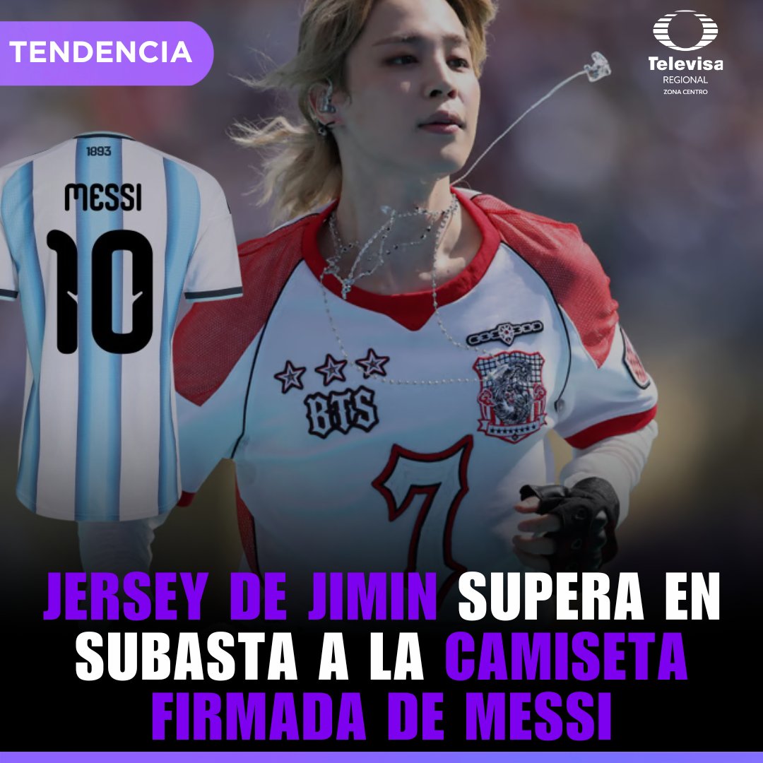TelevisaPuebla's tweet photo. ⚽️🇰🇷 ¡El poder del K-Pop! El jersey que usó Jimin de BTS en el show de medio tiempo ya alcanzó ofertas de $14,000 USD. 🇦🇷 La prenda del idol surcoreano superó ampliamente la camiseta firmada por Lionel Messi $6,000 USD. 💜✨
#Jimin #BTS #Messi #ARMY https://t.co/mGuNrFhd1y