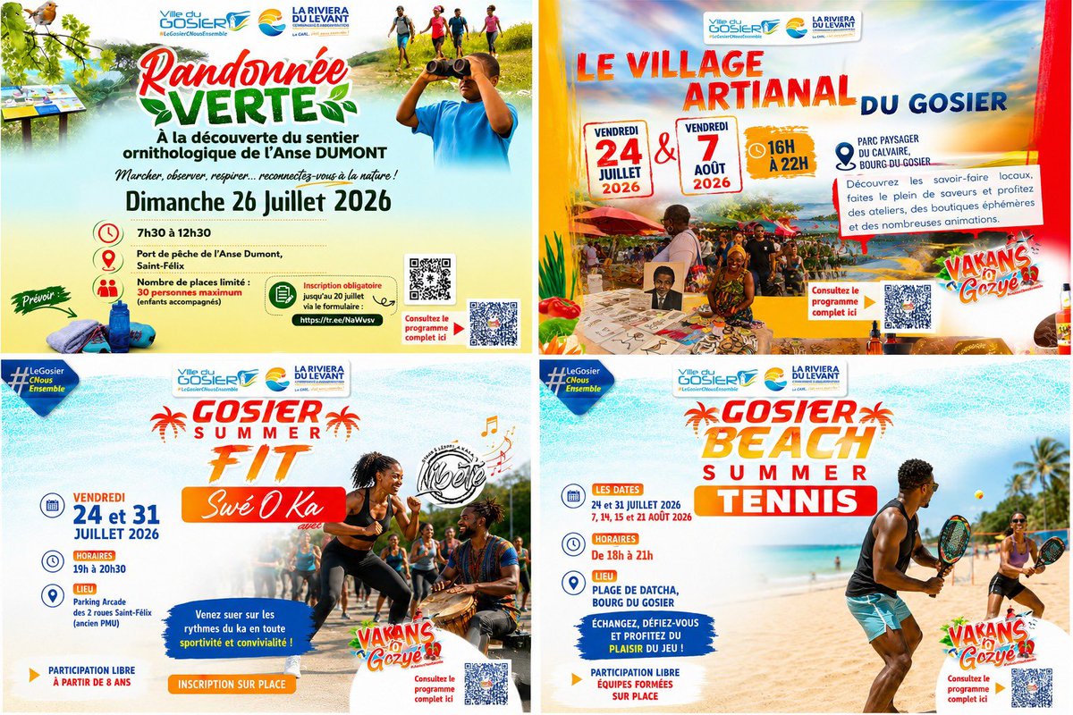 VilleduGosier's tweet photo. ✨ #VOG2026 | Vos rendez-vous du week-end ! ☀️

📅 Ven. 24/07
🛍️ Village artisanal nocturne (16h-22h) – Parc du Calvaire
🎾 Beach Tennis (18h-21h) – Datcha
🥁 SWÉ O KA (19h-20h30) – St-Félix

📅 Sam. 25/07
🏐 Beach Volley (18h-21h) – Datcha https://t.co/z9g5mca14d