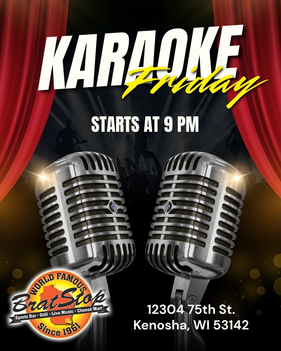 TheBratStop's tweet photo. Grab your friends and join us tonight at 9 PM for Karaoke Friday. Great music, great drinks, and great memories await! 🎤🎶🍻

#BratStop #KaraokeNight #FridayFun #KenoshaWI #NightOut https://t.co/J3A5d0hTuo