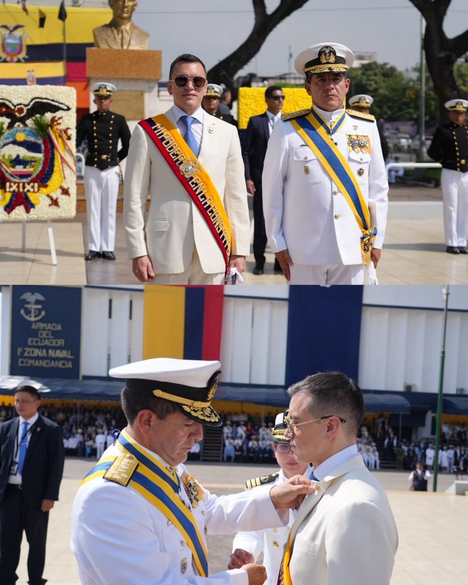 DefensaEc's tweet photo. 🚨 LA ARMADA RENUEVA SU COMPROMISO CON EL ECUADOR ⚓🇪🇨

➡️ En el aniversario de #Guayaquil, el presidente Daniel Noboa presidió la ceremonia por el 85º aniversario del Combate Naval de Jambelí y el Día Clásico de la @armada_ecuador, junto al ministro de Defensa Nacional, Gian Carlo Loffredo.

📌 Durante el acto se rindió homenaje a los héroes navales y se realizó el relevo del Comandante General de la Armada.

El legado de Jambelí sigue fortaleciendo el compromiso de la Armada con la soberanía, la seguridad y la defensa del #Ecuador.