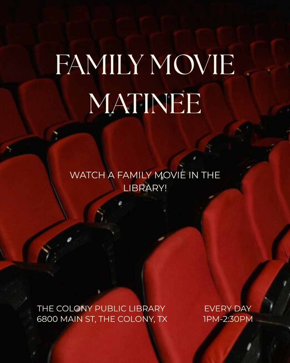 ModeraFrisco's tweet photo. 🍿🎬 Head over to The Colony Public Library for their Family Movie Matinee! It's a great way to spend time together and enjoy a movie with the community.
#moderafriscosquare #millcreekres #friscoapts https://t.co/eukD1VHpgx