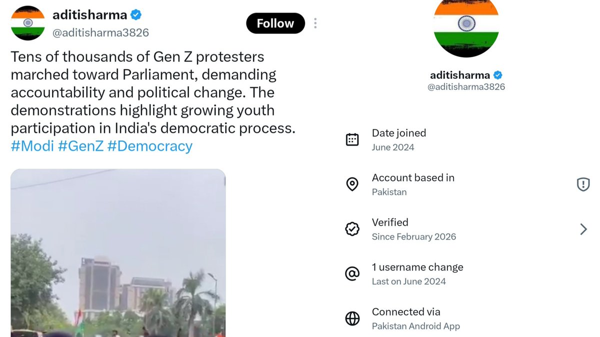 AskAnshul's tweet photo. Dear @DelhiPolice

Pakistani accounts are spreading propaganda over the protest to incite violence. I found these active accounts for your attention.

Here is the thread.

1) Account name: Aditi Sharma
Username: aditisharma3826
Profile photo: Indian flag
Account based in Pakistan https://t.co/a1SwYKlJGA