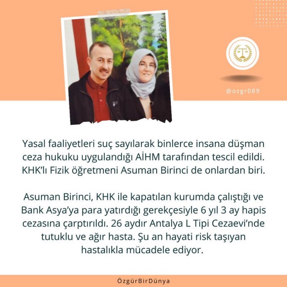 scream25silence's tweet photo. Asuman Birinci mektubunda, "Cezaevinden hastaneye bir daha gitmemek üzere dua ediyorum. Mahkûm bir hasta olmanın çaresizliğini tecrübe ettim. Hastalığın verdiği sıkıntıdan ziyade, mahkûmiyetin verdiği değersizleştirmeler çok canımı yaktı." diyor.

AsumanBirinci AcilTedavi https://t.co/RWPNadmRnv