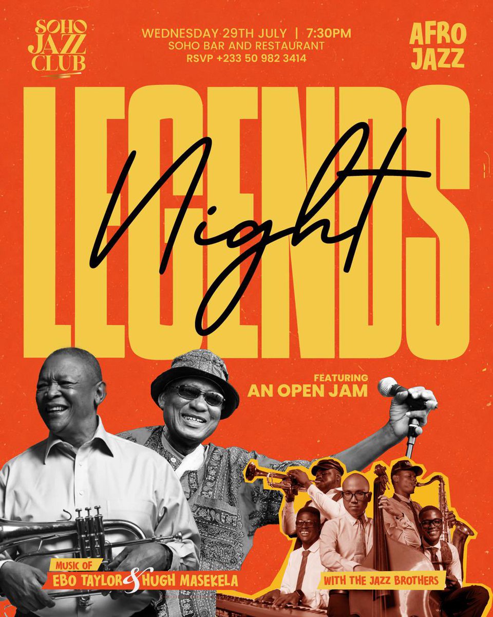 Bentuma_live's tweet photo. Every Wednesday, I curate Soho Jazz Club at Soho Accra from 7:30pm. 

Live jazz and soul music, incredible vibe and a community of people who love great music.

Next Wednesday, we’re celebrating the music of two legends: Ebo Taylor and Hugh Masekela.

Come through! https://t.co/k3MSJPS64a