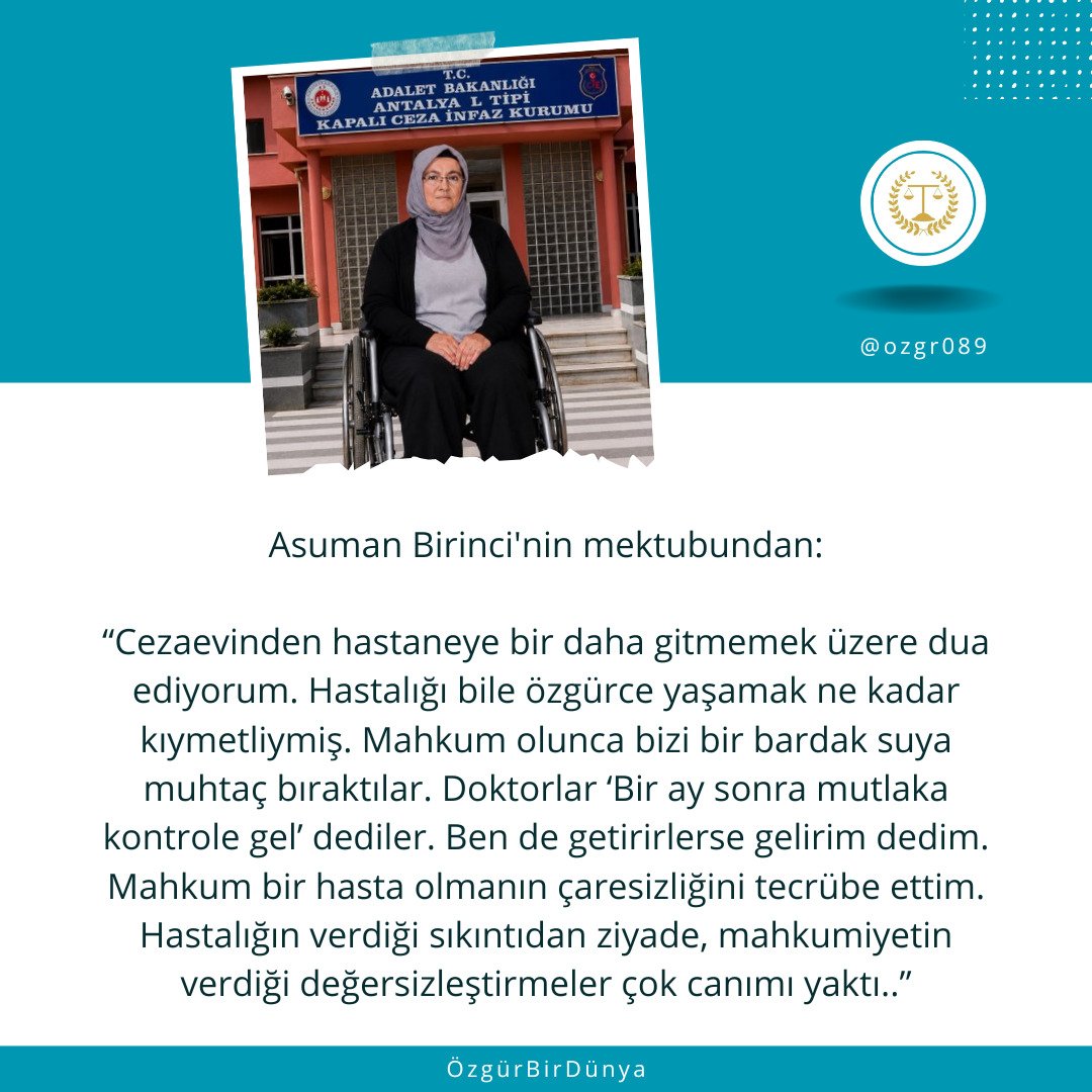 salt_yeni26's tweet photo. KHK'lı fizik öğretmeni Asuman Birinci, kapatılan kurumda çalıştığı ve Bank Asya'ya para yatırdığı gerekçesiyle 6 yıl 3 ay hapis cezasına çarptırıldı. 26 aydır Antalya L Tipi Cezaevinde tutuklu ve ağır hasta. Hayati risk taşıyan hastalıkla mücadele ediyor.
AsumanBirinci AcilTedavi https://t.co/BJkK3Um9AU