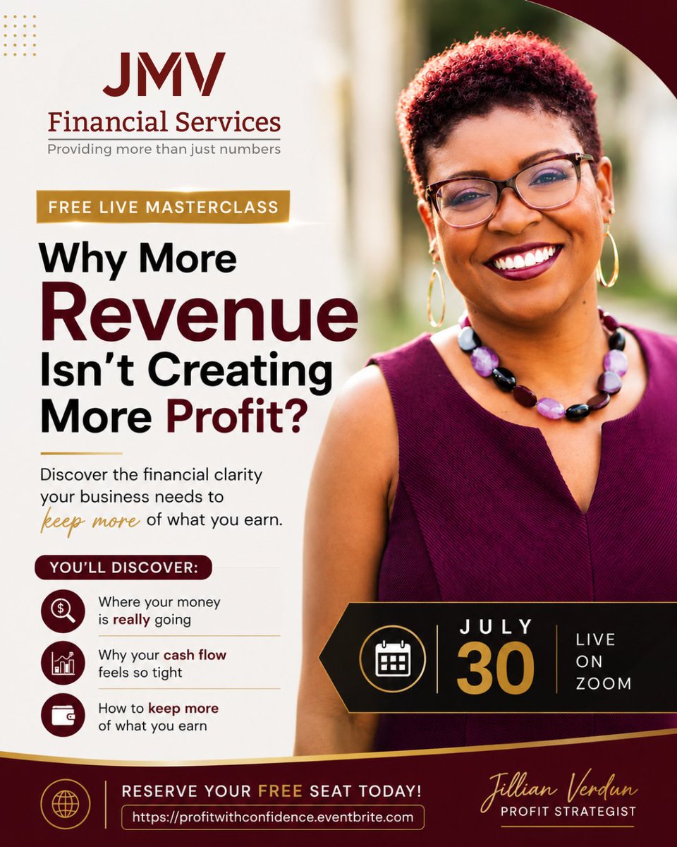 JMVFinancialSrv's tweet photo. More revenue doesn't always mean more profit.

If you're wondering where your money is going, this FREE masterclass is for you.

Learn why your profits aren't growing and how to fix it.

📅 July 30

🎟 Reserve your free seat today:
https://t.co/s8FoD5FCAN https://t.co/uX76iS7uwa