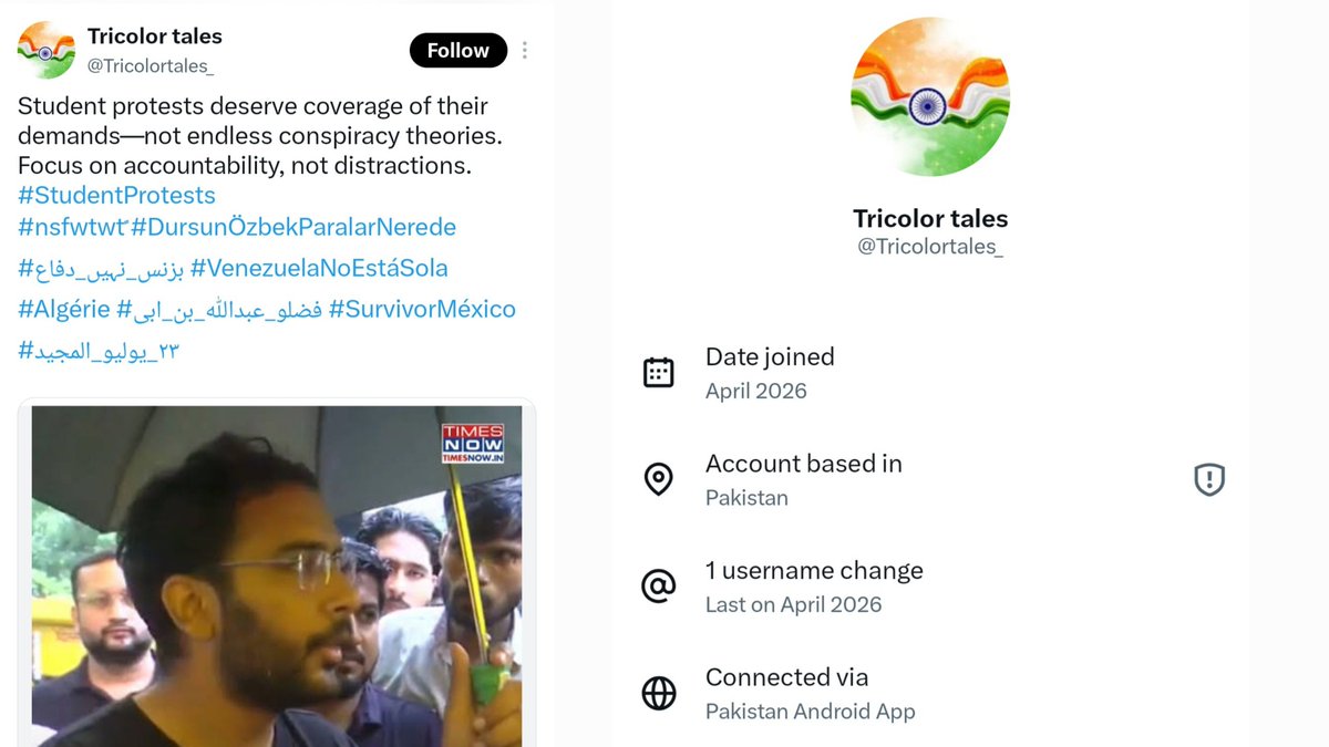 AskAnshul's tweet photo. @DelhiPolice 2) Name: Tricolor tales
Username: Tricolortales_
Profile photo: Indian flag
Account based in Pakistan.

CC: @DelhiPolice this Pakistani account is inciting violence in the name of NEET protest. https://t.co/v5aPipnLhZ