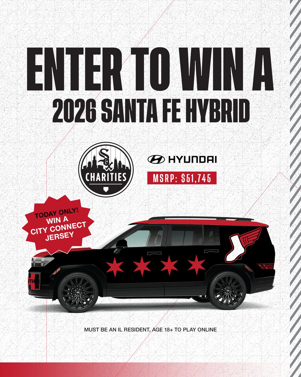 soxcharities's tweet photo. City Connect Friday Car Raffle Special! 🚨

Today only!  Double your chances to win a 2026 @Hyundai Sante Fe Hybrid AND be entered to win a custom City Connect jersey.  

https://t.co/OTiOpUp4cr https://t.co/oSoR86WaWM