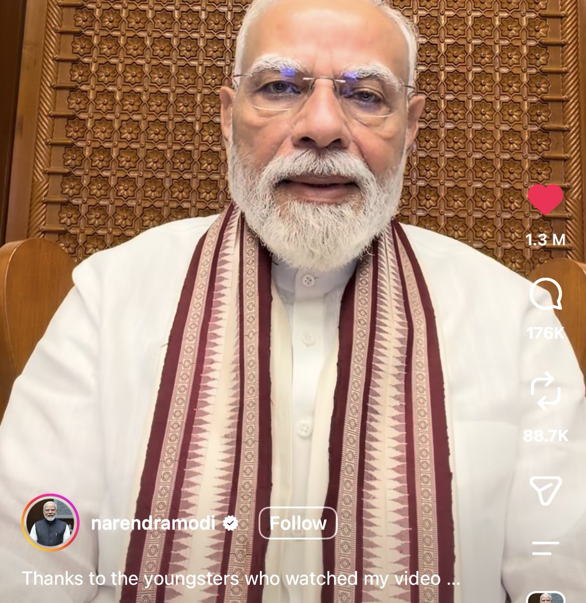 chixxsays's tweet photo. Modi ji has posted another reel and it has already received 1.3 million likes in just 20 mins. 

The most loved leader ever 🤍 https://t.co/4SaEkyd0tO