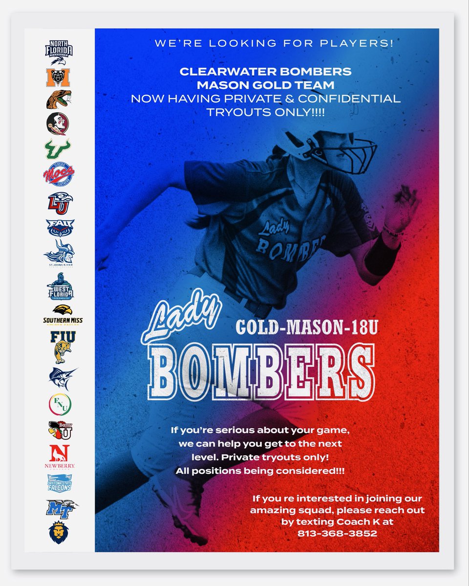 bombers_18u's tweet photo. 🚨We’re looking for players! 💪🔥🥎
If you’re serious about your game, we can help you get to the next level. 
🥎 Private tryouts only! All positions being considered!!!
If you re interested in joining our amazing squad, please reach out by texting Coach K at 813-368-3852 https://t.co/drBNpKAKLW